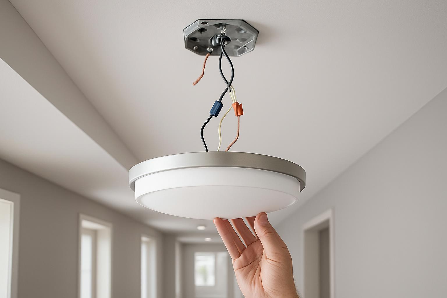 A hand holds up a replacement light bulb with uninstalled wiring against the next to it. The white light fixture is held i...