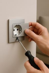 A person is fixing an electrical outlet into a white wall with a short, flat-head screwdriver. Their apparel is not visibl...