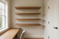 A home office space with shelves displayed on a wall, suggesting plans will likely follow to create such shelves with adde...